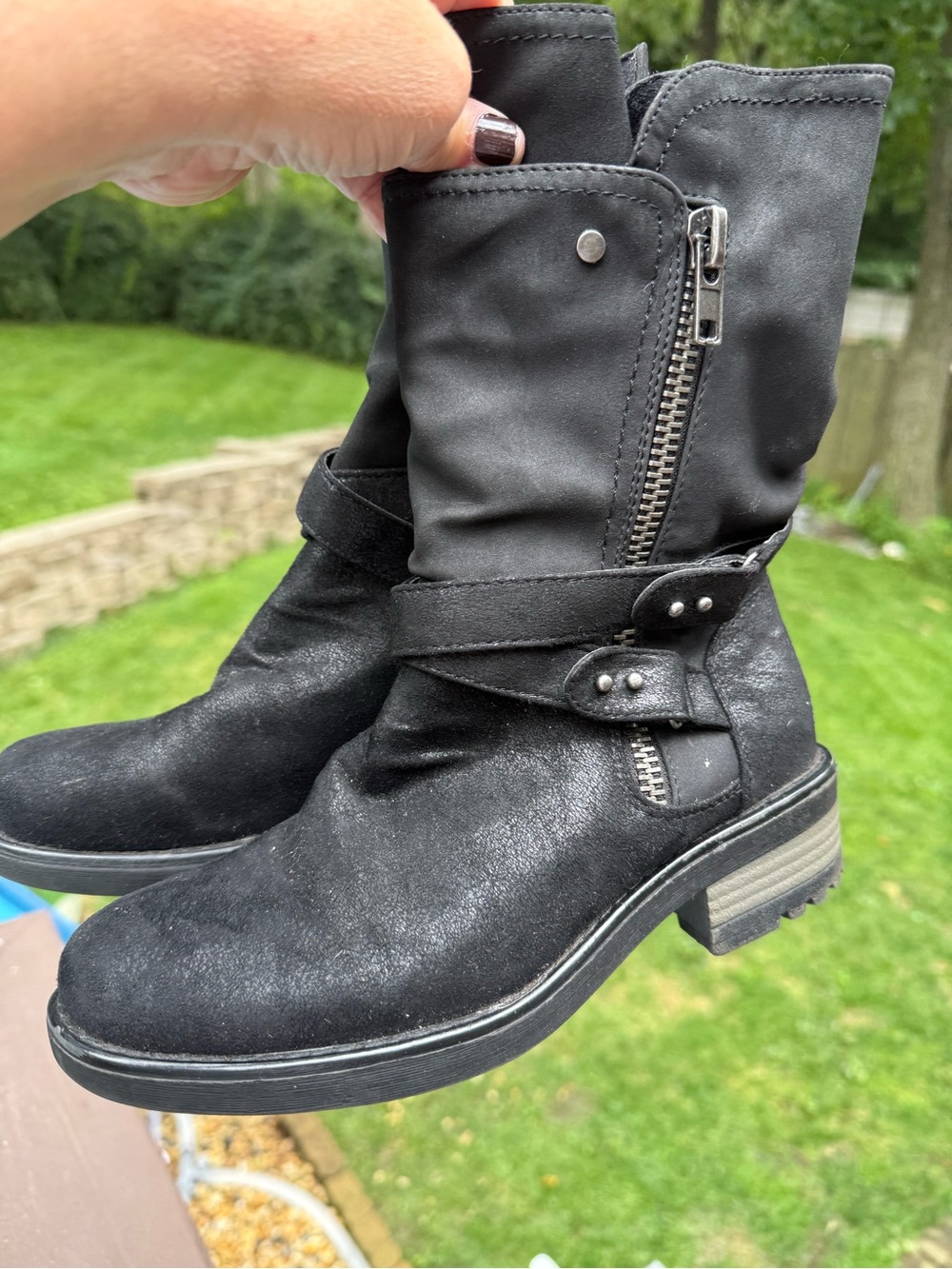 Carlos SAwyer Womens 7 EU 37 Black Mid-Calf Biker Boots Zip Buckle